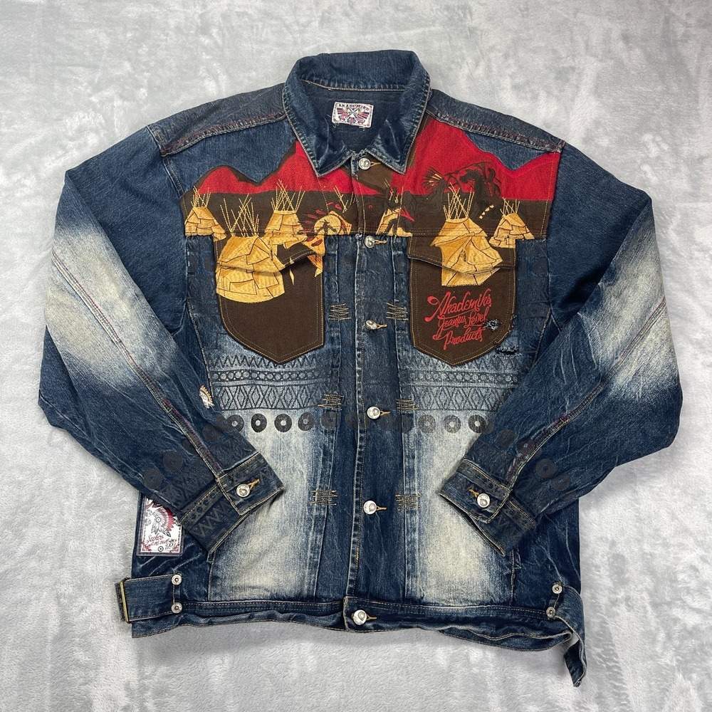 Akademiks Jeanius Level Native Warrior Denim Jacket Mens XL Blue Button Front